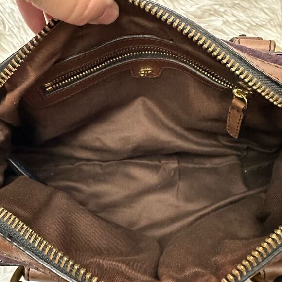 BANANA REPUBLIC Purple Suede Braided Leather Handle Zip Top Satchel Hand Bag - Picture 7 of 10